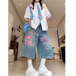 网图现货 美式复古宽松涂鸦七分牛仔裤女K04/特P40图片