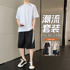 短袖套装男士夏季百搭薄款夏天运动短裤男装宽松痞帅休闲t恤一套图片