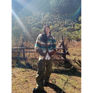 25M808-P78 现货秋冬男女撞色条纹开衫毛衣秋冬保暖针织衫外套图片