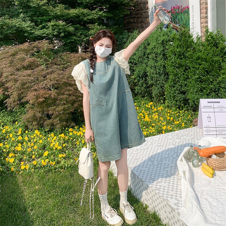 设计感气质泡泡拼接假两件牛仔连衣裙女2024夏季新款小个子中长裙,女装连衣裙,2C292