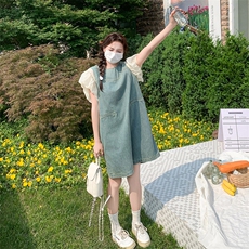设计感气质泡泡拼接假两件牛仔连衣裙女2024夏季新款小个子中长裙，女装连衣裙，2C292