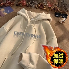 美式复古连帽加绒卫衣女春秋oversize设计感小众chic港风秋冬外套，女装短外套，星座715-4