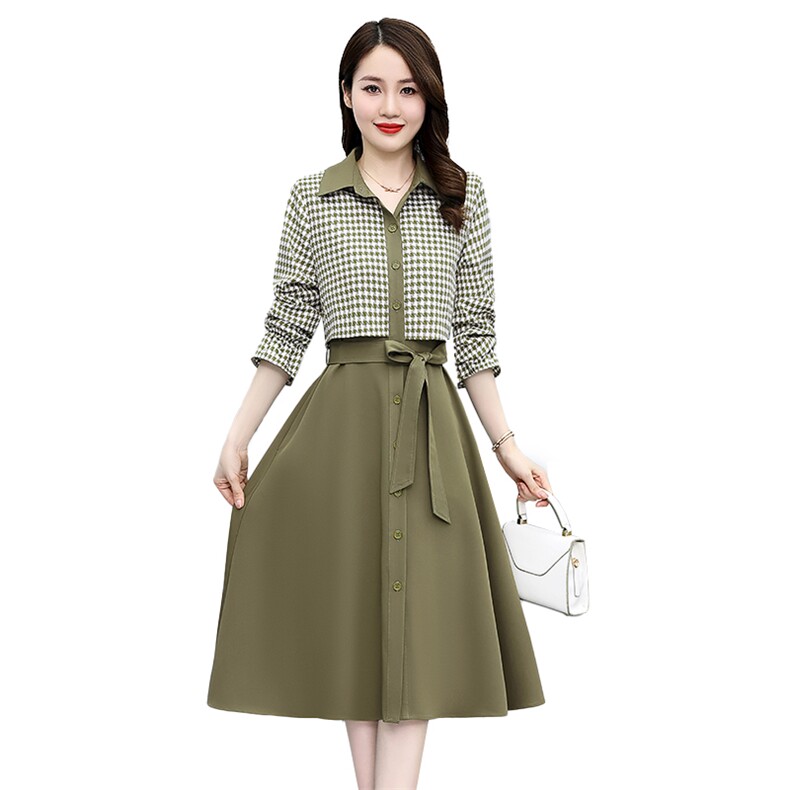 假两件格子拼接连衣裙女2022秋新款收腰显瘦气质洋气减龄衬衫裙子,女装连衣裙,关键词