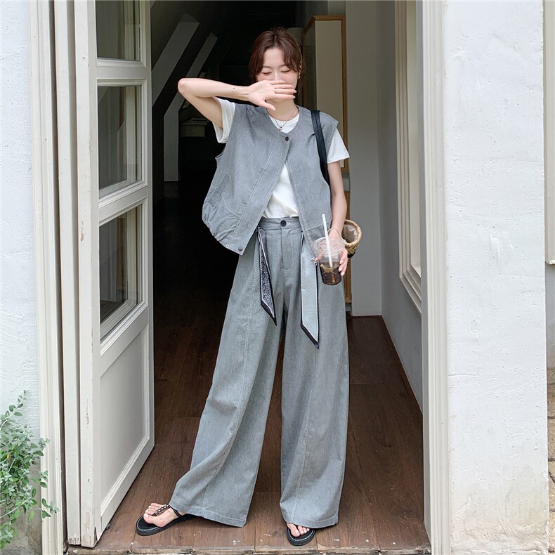 现货主推！2026春夏韩版马甲外套+丝带阔腿裤休闲套装P195-K290,女装套装/套裙,网红馆