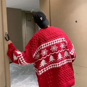日系复古菱格麻花圣诞红色毛衣男情侣冬季慵懒风套头针织衫上衣