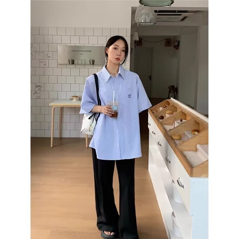美式宽松条纹短袖衬衫2025夏季情侣装休闲半袖衬衣上衣外套,男装T恤,星座506A