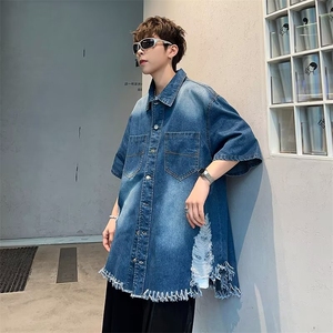 夏款男短袖牛仔衬衫工装破洞流苏大口袋五分袖衬衣CS916 P55图片