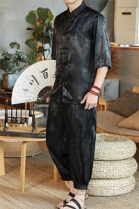 新中式衬衫男风太极汉服大码龙纹盘扣道袍短袖开衫 CS513 P35图片