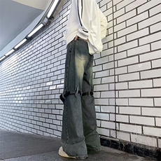 美式vibe潮高街裤子ins潮破洞牛仔裤男宽松直筒阔腿裤N0833-P53，男装牛仔裤，星座308B-1