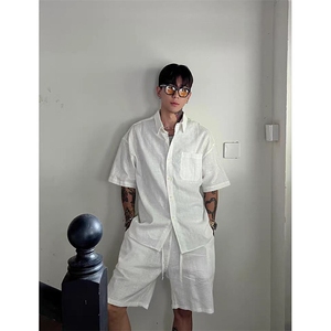 老钱风轻奢天丝棉麻套装男款夏季休闲短袖衬衫短裤亚麻一整套穿搭图片