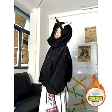 480G重磅加绒硬挺boxy男女美式高街卫衣铆钉杜宾犬耳朵开衫厚外套，女装短外套，电商A486-1