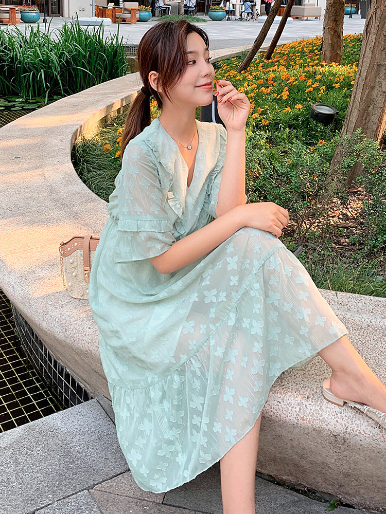春夏超显瘦连衣裙桑蚕丝时尚通勤刺绣短袖连衣裙9911,女装连衣裙,天丽