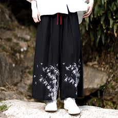 现货新款中式夏季2024风棉麻印花竹叶八分裤阔腿裤K211-P60，男装休闲裤，电商A021