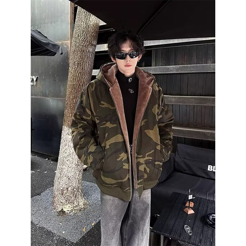 美式复古格纹迷彩连帽棉服男女秋冬季潮加绒工装外套图片
