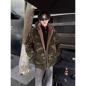 美式复古格纹迷彩连帽棉服男女秋冬季潮加绒工装外套图片