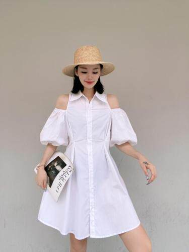 韩版漏肩泡泡袖连衣裙，女装连衣裙，玩美