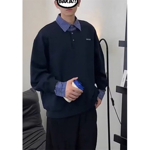 韩系学院风拼接假两件卫衣男宽松百搭长袖Polo领T恤外套 W07图片