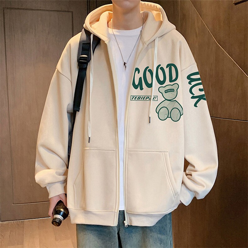 H190P70加绒75港风含棉66%小熊拉链开衫卫衣宽松休闲连帽外套,男装卫衣,星座304A-1
