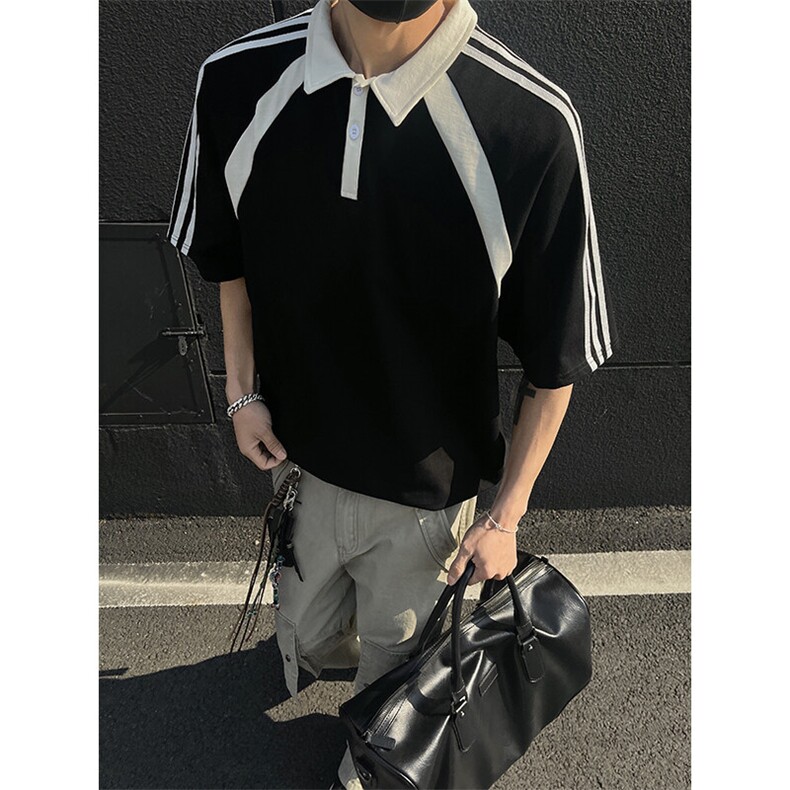 得物抖音高品二开240克纯棉美式高街痞帅翻领POLO织带短袖T恤,男装T恤,电商A486-1