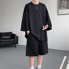 8XL-M高级感纹理短袖套装男夏季慵懒风T恤短裤两件套TZ108P78，男装牛仔裤，电商D206-1