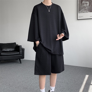 8XL-M 高级感纹理短袖套装男夏季慵懒风T恤短裤两件套TZ108P78图片
