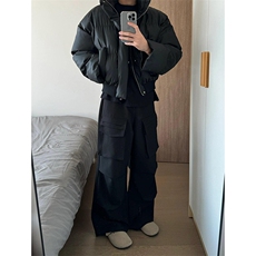 现货5W件冬季三防重磅硬挺boxy短款羽绒立领PU皮棉衣外套加厚棉服，男装棉衣，电商A443