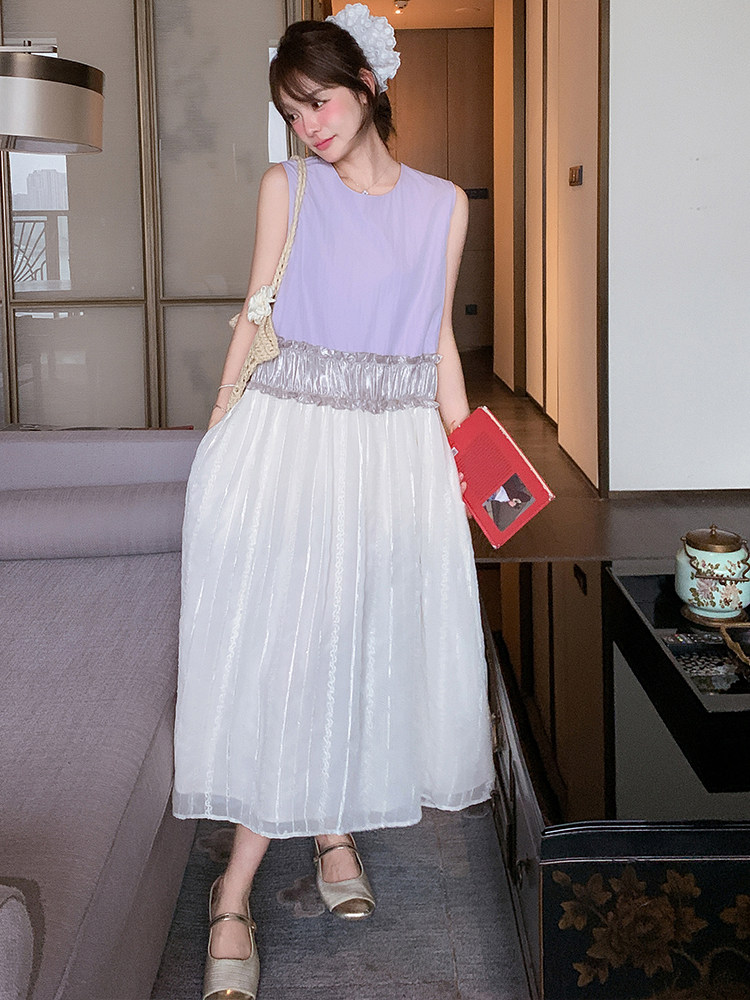设计感拼接无袖连衣裙女2025夏季新款韩系甜美宽松小个子背心裙潮,女装连衣裙,浙宝305