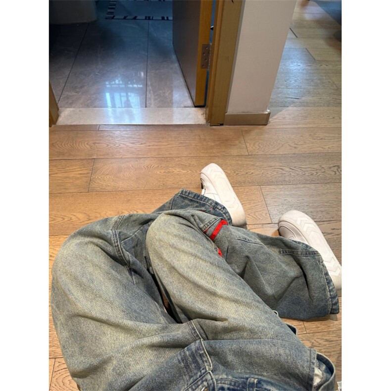 【有货】红色三条杠条纹牛仔裤男宽松直筒阔腿裤子G8512LL-特P55,男装牛仔裤,星座1007（原301D）