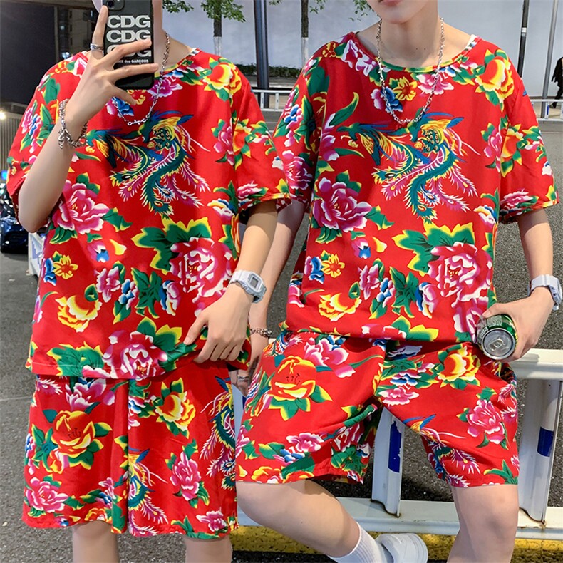 TZ203夏新款男士T恤短裤套装东北大花大码红色蓝色青年运动套装图片