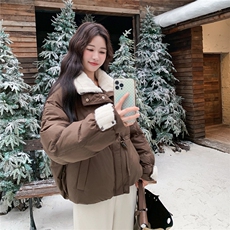 现货！2025冬毛领拼接咖啡色90绒羽绒服2C056-7106-P285控428，女装羽绒服，2C056