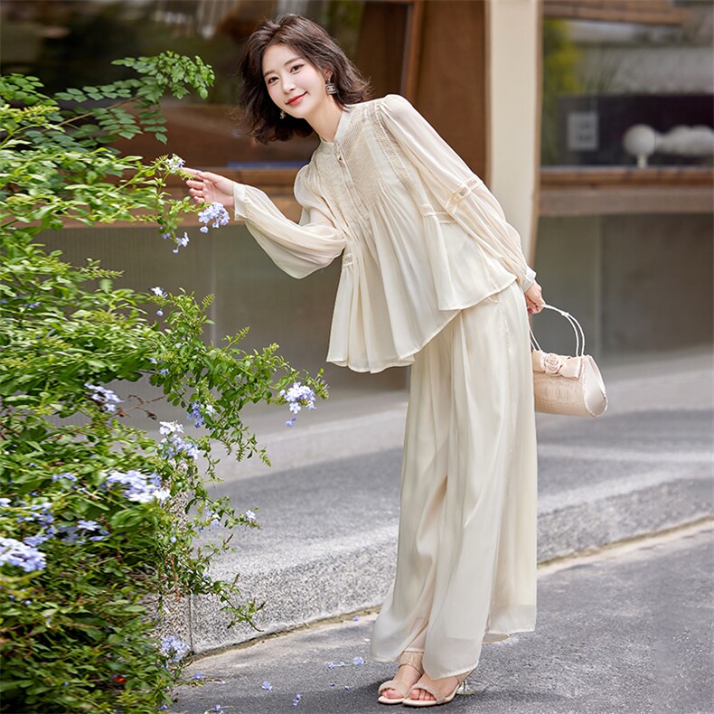 超仙时尚雪纺套装女2025春夏新款半透减龄显瘦流行阔腿裙裤三件套,女装套装/套裙,水衣源