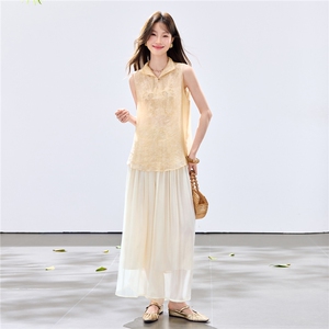 夏季新款现货！2026洋气时尚百搭款刺绣上衣+琉璃亮光阔腿裤套装图片