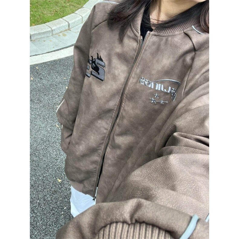 美式复古棒球服男士春秋重磅刺绣宽松飞行PU皮夹克外套WLQ66-P70图片