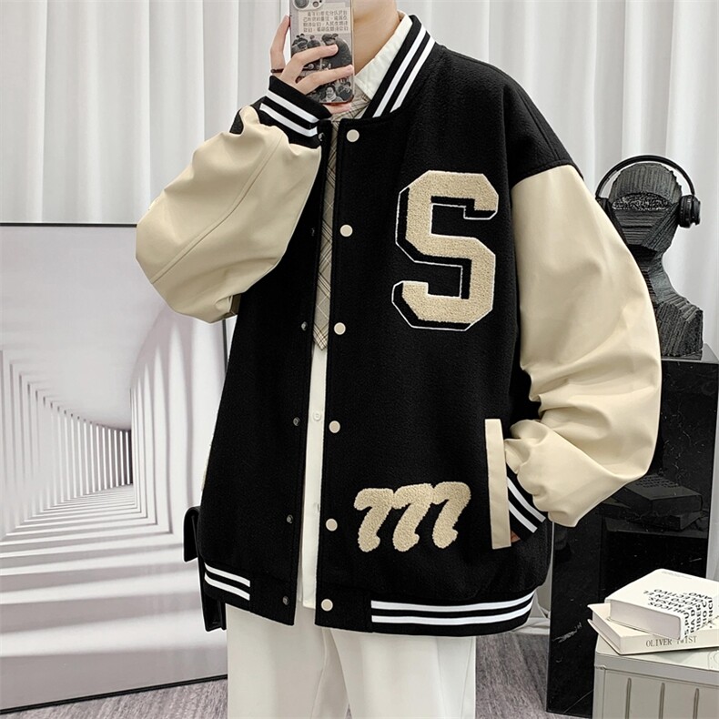美式棒球服男秋刺绣毛呢皮袖夹克青少年港风ins潮外套JK01-P100,男装夹克,星座308B-2