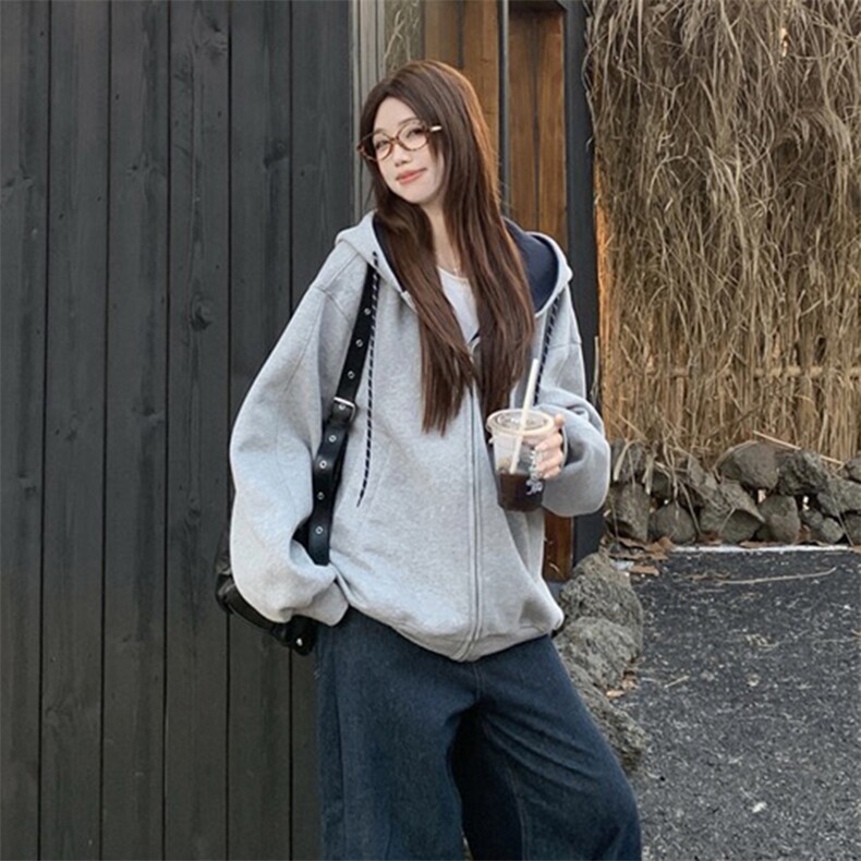 抖音得物二开美式高街重磅结构双层撞色连帽卫衣开衫外套W116，男装卫衣，电商A486