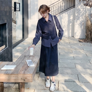 深蓝色假两件拼接条纹衬衫套装裙女春秋新款韩系气质显瘦两件套潮图片