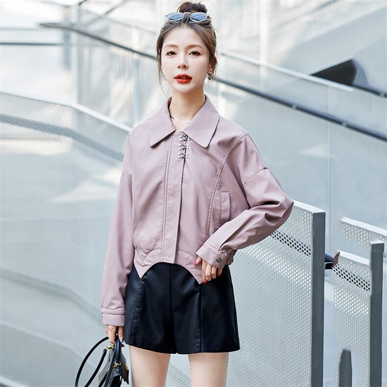 现货不规则皮衣外套女2023年春季新款洋气减龄短款皮夹克潮,女装皮衣,江南女神