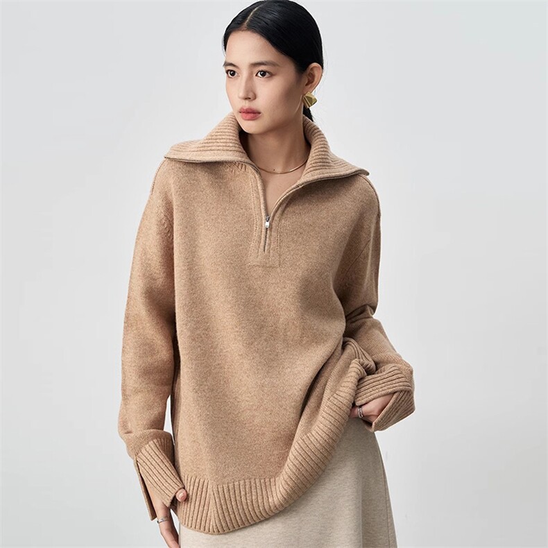 秋冬女士时尚宽松翻领羊毛拉链款针织衫,女装羊毛衫,挚尚羊绒