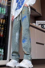 B221美式ins高街暗黑印花松紧腰宽松直筒牛仔裤LK24289-特P45控78，男装牛仔裤，电商B221