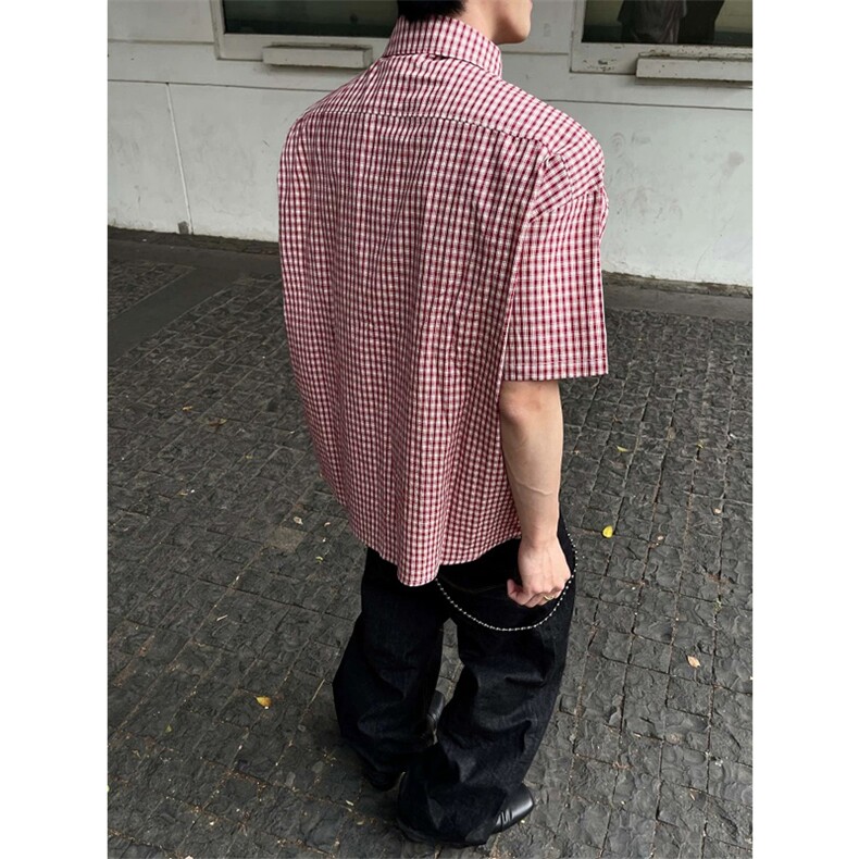 网图有货美式休闲格纹短袖衬衫男宽松百搭棉感格子衬衣A689-P35,男装衬衫,星座1505