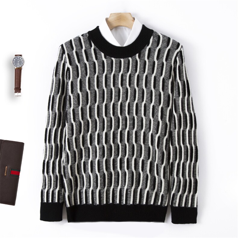 潮流男羊毛衫秋季新款条纹圆领长袖套头衫修身百搭舒适保暖上衣，男装羊毛衫，端硕羊绒