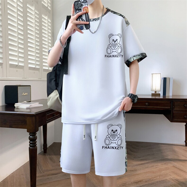 港风套装男休闲宽松冰丝青年圆领短袖T恤短裤两件套-JZ6210-P38,男装牛仔裤,星座310B-3