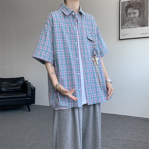 （带配件）CS1151-特批40控78 夏季新款男女格子短袖大码男衬衫图片