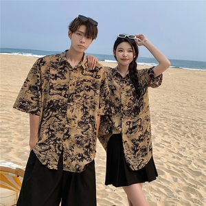 EQ406 夏威夷风夏季冰丝短袖衬衫情侣装短袖衬衣男女沙滩旅游风图片