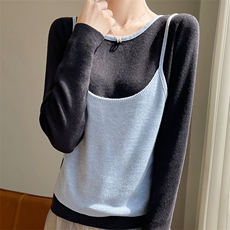 24秋冬新款圆领假两件打底T恤针织衫女韩系慵懒撞色气质长袖上衣，女装针织衫/毛衣，圣丽羊绒