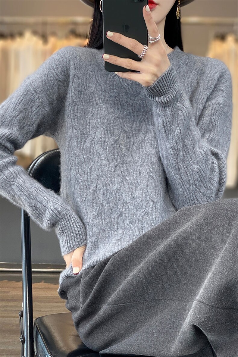 秋冬新款100%纯羊毛衫女宽松圆领加厚绞花毛衣百搭针织羊绒打底衫,女装羊毛衫,琳尚羊绒