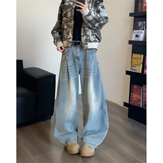 美式高街水洗蓝色阔腿牛仔裤男宽松直筒垂感vibe休闲裤子~B9002，男装休闲裤，星座601-1