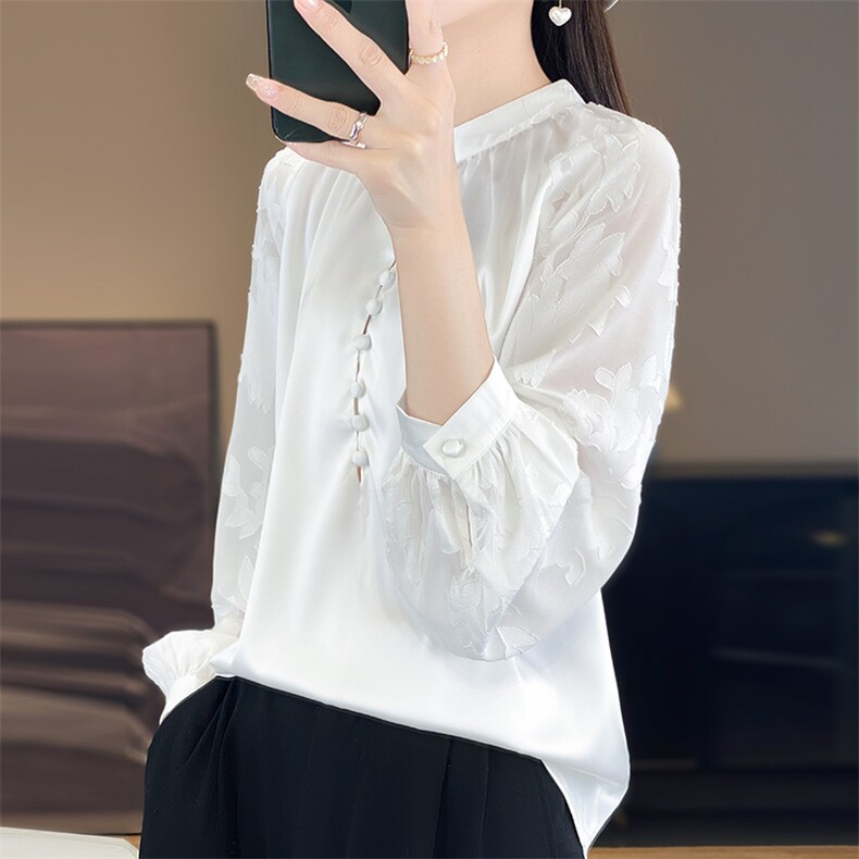 春季新款真丝衬衣女宽松百搭时尚打底衫气质内搭醋酸缎面上衣圆领,女装衬衫,佳绒高端店