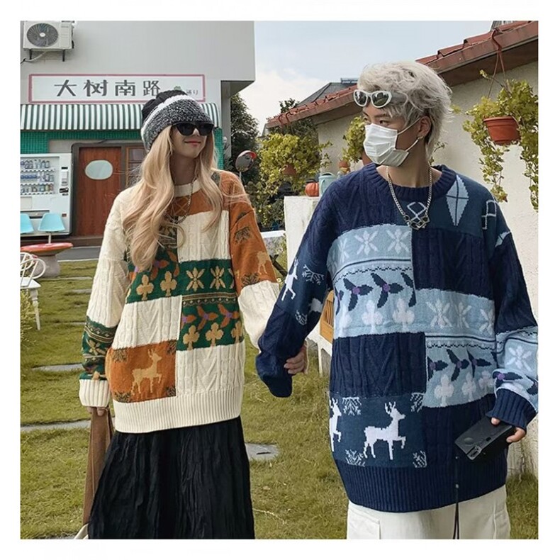 美式麻花毛衣秋冬慵懒风小众高街复古男女情侣拼接针织衫YM49/P50图片