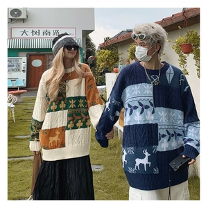 美式麻花毛衣秋冬慵懒风小众高街复古男女情侣拼接针织衫YM49/P50图片